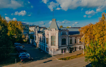 Historical house in Staro-Tatarskaya Sloboda. House of the Yunusov-Apanaevs. Built in the early 20th century. Traditional Tatar neighborhood on the shore of Lake Kaban in Kazan.のeditorial素材