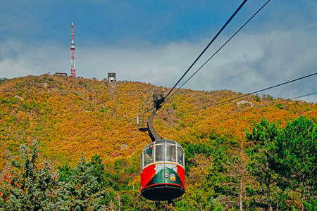Vintage cable car. Cableway to the top of Mount Beshtau, Caucasian Mineral Waters. One of the sights of Pyatigorsk, Russia. Cable car trip to viewpoints in the mountains.の写真素材