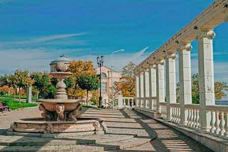 Fountain and colonnade at the Gagarina boulevard in Pyatigorsk. A beautiful landmark in the classicist styleの写真素材