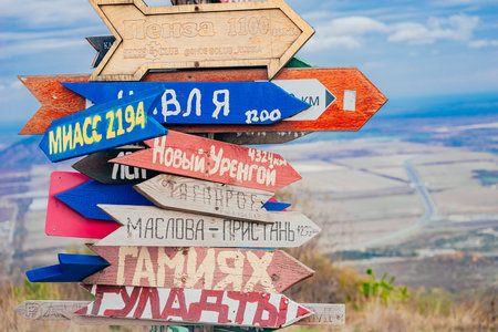 Direction to different places of the world indicated in a street signs.のeditorial素材