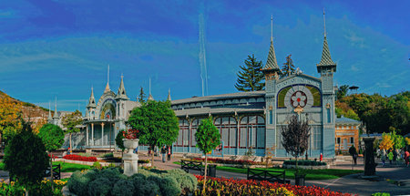Scenic view of Lermontov Gallery, historical landmark of Pyatigorsk installed in 1901.のeditorial素材