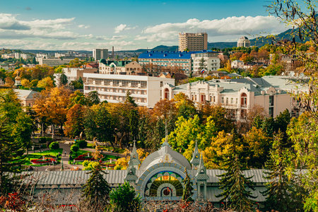 Scenic view of Lermontov Gallery, historical landmark of Pyatigorsk installed in 1901.のeditorial素材