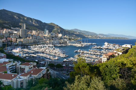Ponorama Monaco on the waterfront and yachts in the marina.の写真素材