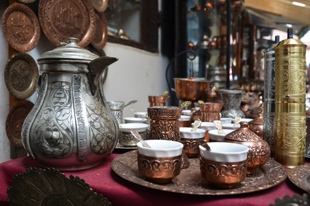 Copper cookware for tea, decorated with chased pattern.の写真素材