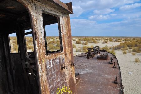Nose of the old ship, standing in the desert.の写真素材