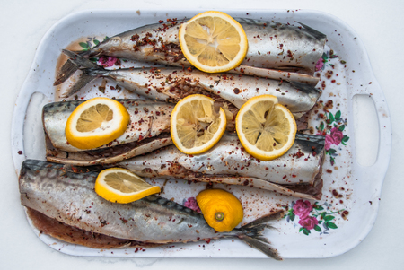 Mackerel, cooked with spices and lemon.の写真素材