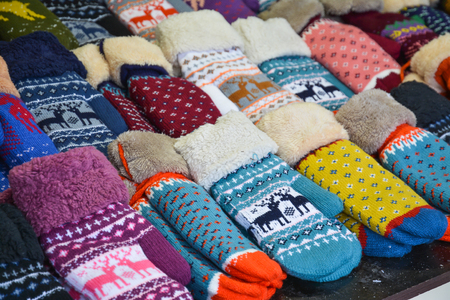 Traditional Russian mittens in a wide variety of patterns.の写真素材