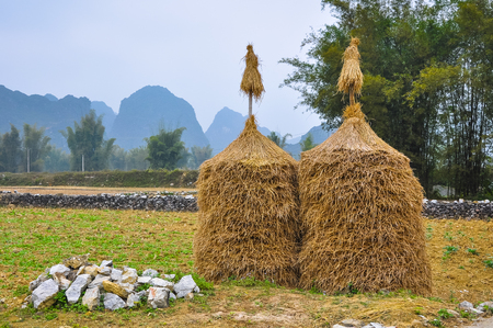 Two haystacks in the background of mountains and bamboo.の写真素材