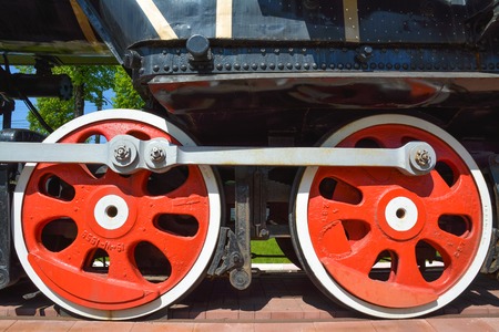 Two wheelsets of the locomotive with brake and drive mechanism.の写真素材