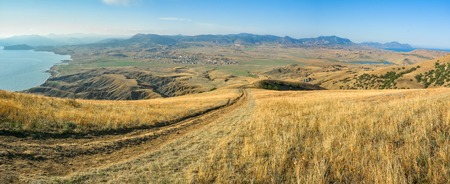 Panorama of the mountains from Cape Meganom in the Crimea.の写真素材