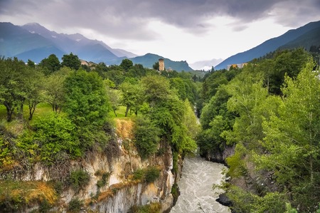 Gorge with a mountain river in the mountains of Svaneti, Georgia.の写真素材