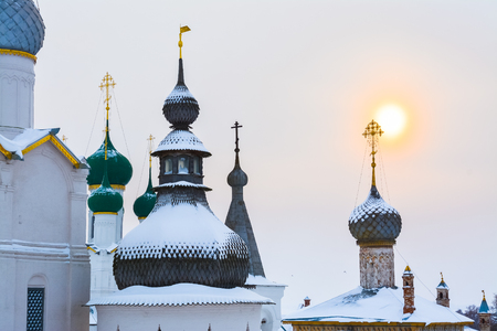 Domes of churches in the Kremlin of Rostov Veliky at sunsetのeditorial素材