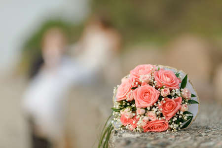 Beautiful wedding bouquet of pink roses. Soft focus, selective focusの写真素材