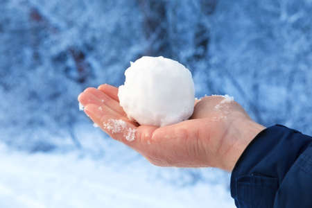 Snowball on the naked man's hand on a background of a winter forest. Close-upの写真素材