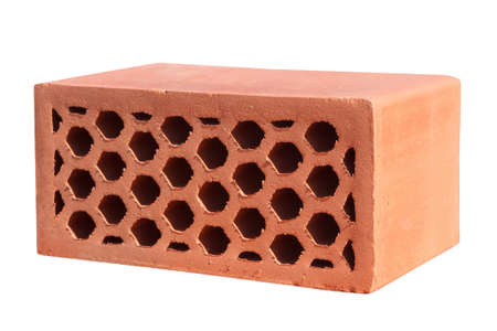 Hollow, perforated ceramic red brick isolated on white backgroundの写真素材