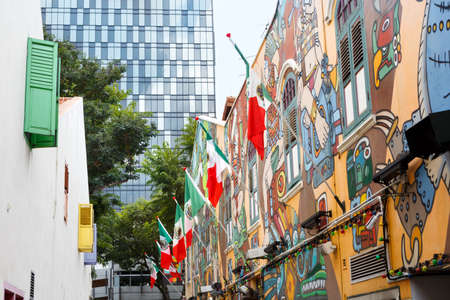SINGAPORE-November 28, 2019: Colorful painted wall and graffiti street art in Bugis, Kampong Glam, street Haji Lane, Singaporeのeditorial素材