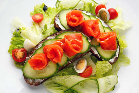 Norwegian Breakfast consisting of salmon and cucumber sandwiches, lettuce leaves and an egg on a white plate. Close upの写真素材