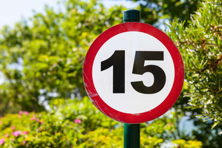 Round speed limit sign fifteen on the background of trees.