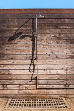 Outdoor Shower Made Of Brown Wooden Boardsの写真素材
