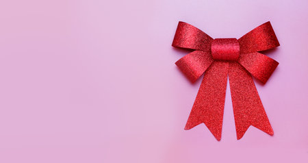 A shiny red bow on a pastel serenity background. Flat lay, top view, copy spaceの写真素材
