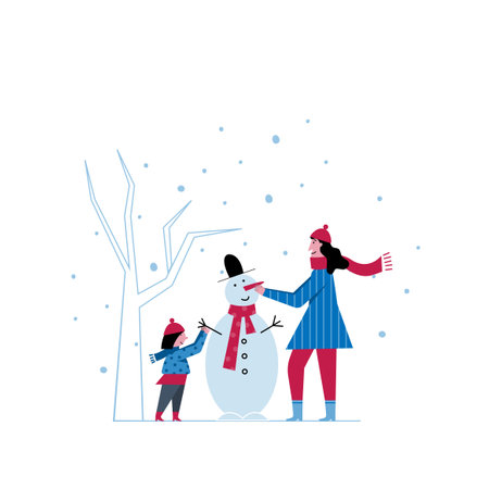 Mother and girl making a snowman in the park. Family outdoor winter activities scene. Childrens vector illustration.のイラスト素材