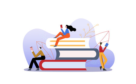 Man and woman characters sitting on a pile of books, reading books. Flat colorful illustration. Education and hobby concept.のイラスト素材