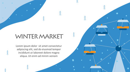 Winter Christmas market advertisment template.  Ferris wheel. Hand drawn vector trendy illustration.のイラスト素材