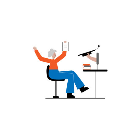 Cute senior woman showing happiness in front of the computer. Online senior education concept. Hand drawn, cartoon style.のイラスト素材