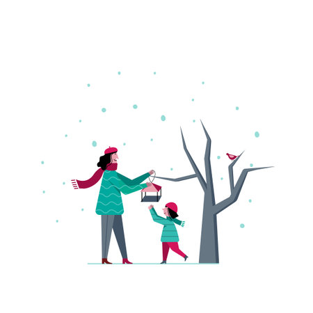 Mother and girl feed birds in the park. Family outdoor winter activities scene. Children's' vector illustration.のイラスト素材