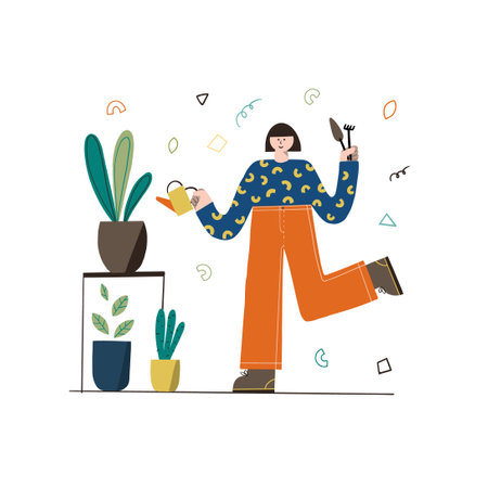 Cute girl watering plants. Taking care of home plants. Hand drawm vector illustration.のイラスト素材