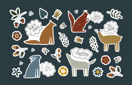 Collection of sticker with funny animals, quotes and floral elements. Bundle of decoration for daily planner and diaries isolated on white. Vector cartoon illustration.のイラスト素材