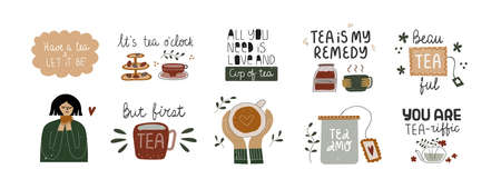 Set of cute clip arts with tea scenes.のイラスト素材