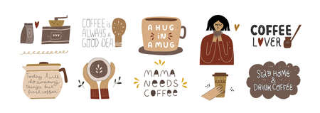 Set of cute funny coffee lover quotes.のイラスト素材
