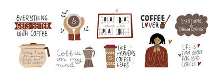 Set of cute funny coffee lover quotes.のイラスト素材