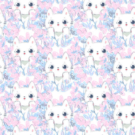 Hand Drawn cute cats pattern seamless backgroundの写真素材