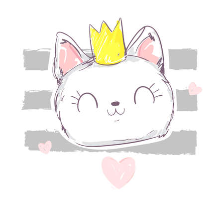 Cool print children's T-shirt with cat, vector illustration, hand drawn cat with crown and heart.のイラスト素材