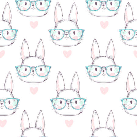 Hand Drawn Cute Rabbit Pattern Seamless, Vector Illustration.のイラスト素材