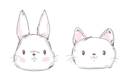 Hand Drawn Cute Rabbit and Cat, Vector Illustration. Print Design.のイラスト素材