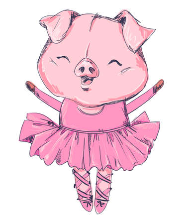 Sketch piggy illustration, Hand Drawn Cute Pig. ballerina illustration, children print on t-shirt.のイラスト素材