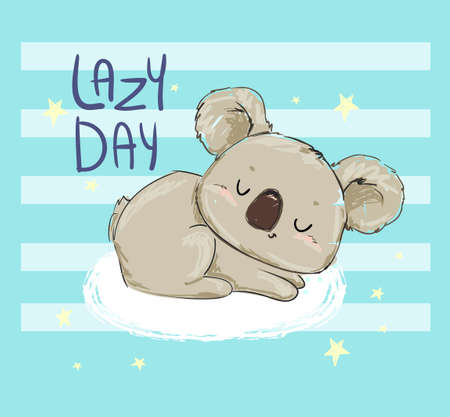Beautiful Cute childish print with koala. Sketch Hand Drawn Animal koala and phrase - Lazy Day. Textile design Vector illustration.のイラスト素材