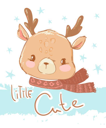 Children's prints with a deer on a blue striped background. Winter illustration. Vector.のイラスト素材