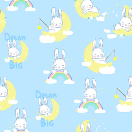 Hand drawn cute Rabbit catch the stars pattern seamless. Children's design for fabric. Vector illustrationのイラスト素材