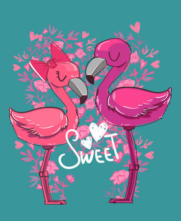 Hand drawn cute flamingo couple. Card for valentines day. Vector cartoon.のイラスト素材