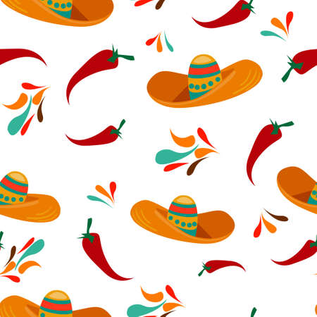 Sombrero with flowers with pepper print for textiles. Mexican theme illustration pattern seamless.のイラスト素材