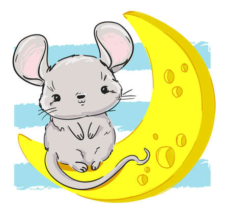 Hand drawn cute Mouse with cheese, cartoon character childish illustration. Rat Sketch. Symbol 2020 new year chinese calendar.のイラスト素材