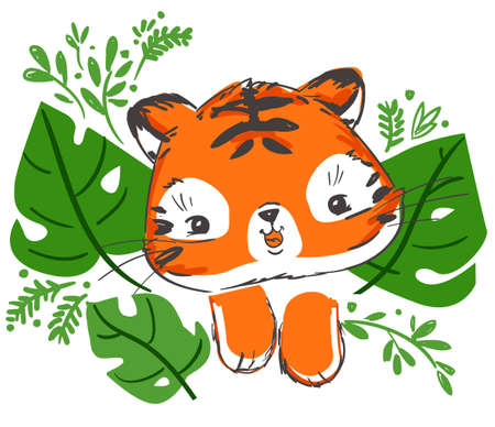 Hand drawn cute tiger and green leaves vector .のイラスト素材