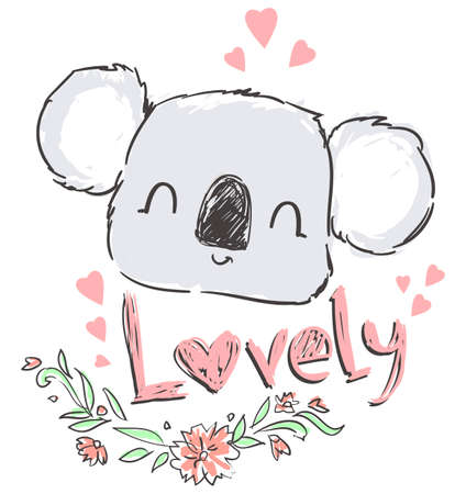 Hand drawn cute gray koala with heart and flowers isolated on a white background. Handwritten- Lovely. Vector. Print Design for Nursery.のイラスト素材