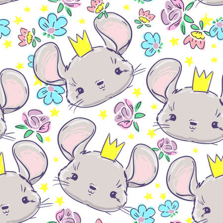 Hand drawn cute gray mouse in a crown and flowers pattern seamless. Vector stock illustration. Childrens print trend.のイラスト素材