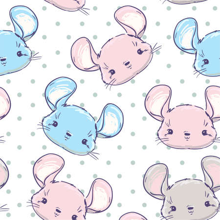 Cute gray mouse seamless. Polkadot pattern. Print design for nursery, textile, poster. Beautiful ornament background. Vector illustration. Sketch rat.のイラスト素材