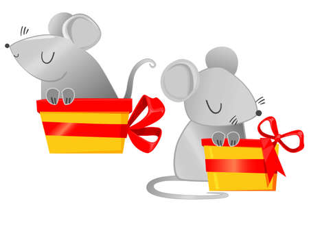 2020. Cute Mouse and gift box with a red bow. Cartoon character childish illustration. Chinese New Year greeting card.Year of the Rat. Holiday card design.のイラスト素材